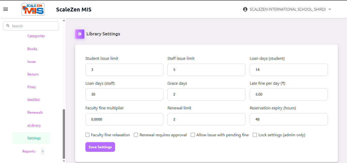 Library Settings Screen